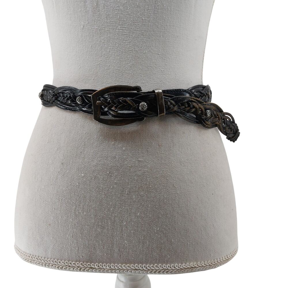 Womens Belt Weaved Small Medium Black Leather Southwestern Conchos